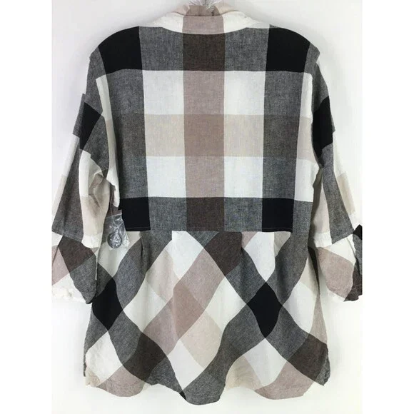 Ali Miles Linen Blend Button Up Tunic sz M Nova Check Plaid Ruffle Babydoll NEW - Picture 4 of 11